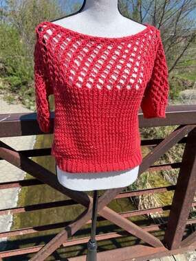 Handmade Red Open Stitch Crochet Short Sleeve Sweater Top